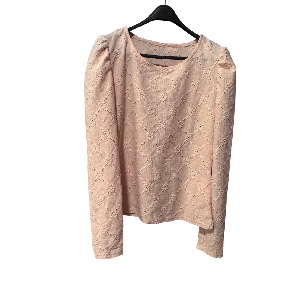 Pink Puff Sleeve Eyelet Diamond Textured Blouse Round Neck Long Sleeve Top L